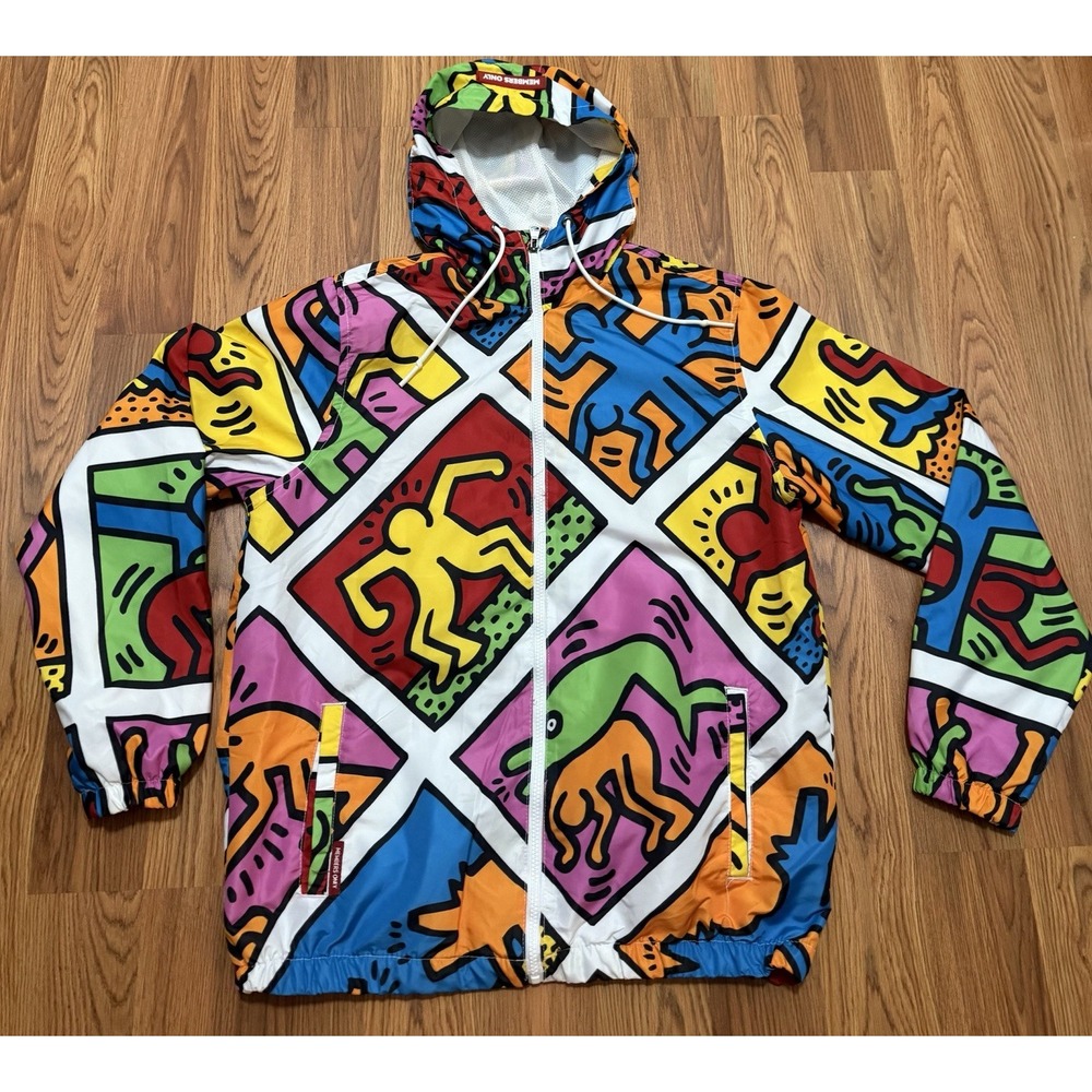 Keith Haring Members Only Jacket Mens Medium Hooded Windbreaker Pop Art